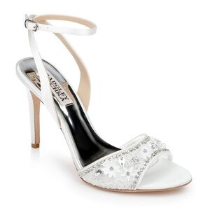Badgley Mischka White Satin Embellished Ankle Strap Heels
